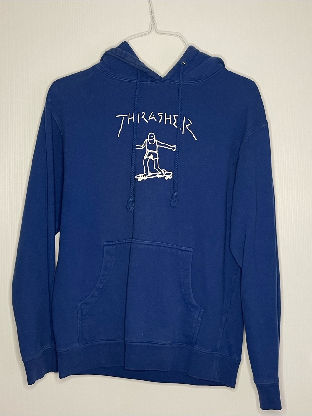Thrasher Blue Pullover Hoodie with White Skate Graphic